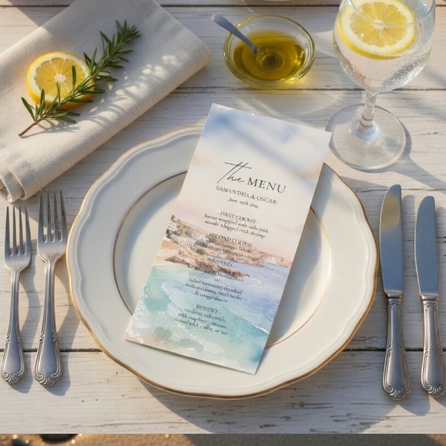 Cartão de Menu de Casamento de Santorini | Praia C (Criador carregado)