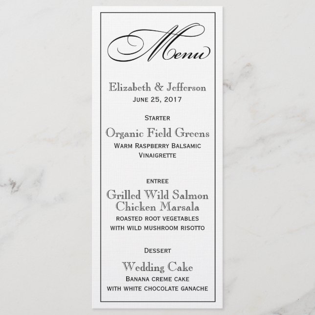 Cartão de Menu de Casamento de Script Elegante (Frente)