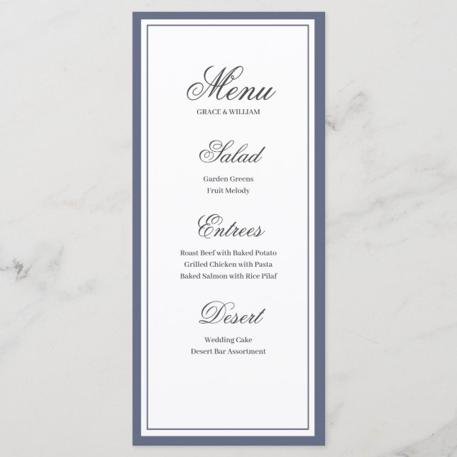 Cartão de Menu de Casamento de Script Elegante Clá (Frente)