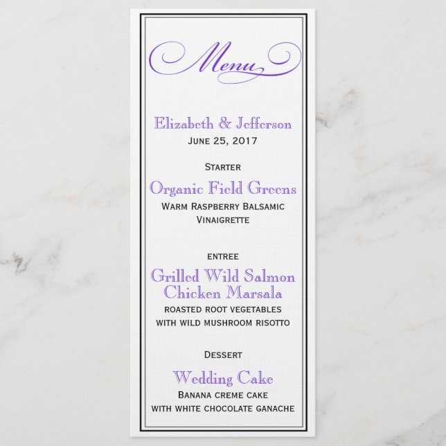 Cartão de Menu de Casamento de Script Formal Roxo  (Frente)