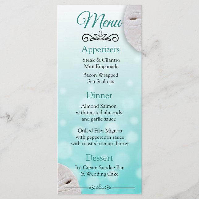 Cartão de Menu de Casamento de Teal Aqua Dólar Oce (Frente)