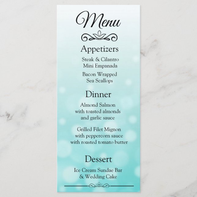 Cartão de Menu de Casamento de Teal Bokeh Elegante (Frente)