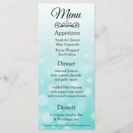 Cartão de Menu de Casamento de Teal Bokeh Elegante