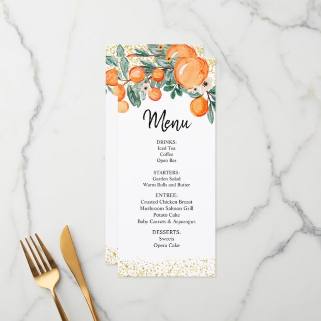 Cartão de Menu de Casamento de Verão Laranja (Frente/Verso In Situ)