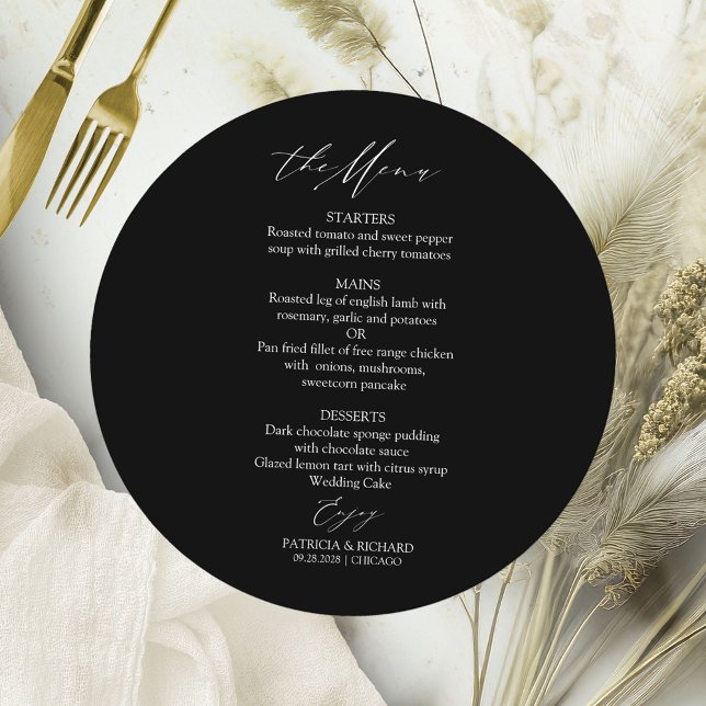 Cartão de Menu de Casamento do Círculo de Caligraf (Criador carregado)
