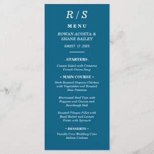 Cartão de Menu de Casamento do Monograma Azul Clás