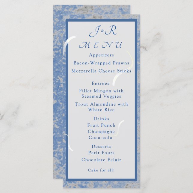 Cartão de Menu de Casamento do Monograma da Mármor (Frente/Verso)