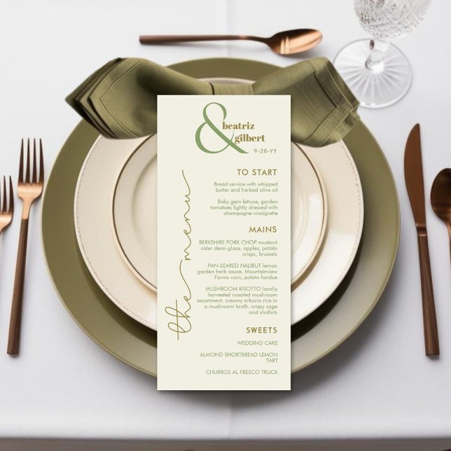 Cartão de Menu de Casamento do Monograma e Ampersa (Elegant ampersand monogram wedding menu in creamy white, olive green and moss green)