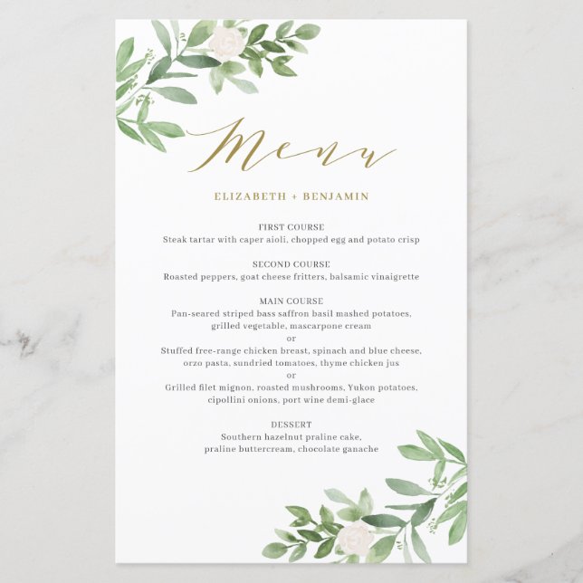 Cartão de Menu de Casamento Dourado com Flores Bra (Frente)