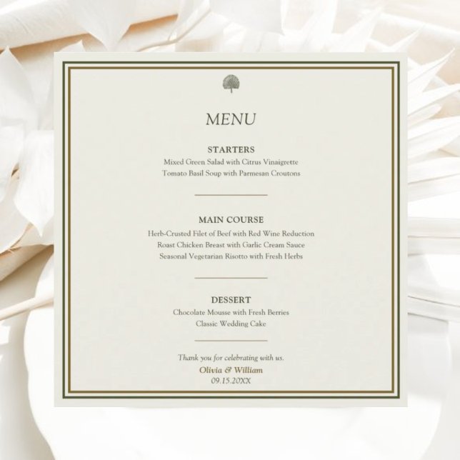 Cartão de Menu de Casamento Dourado e marfim | Ele (Elegant square wedding menu card with minimalist gold border and palm accents.)