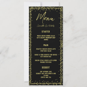 Cartão de Menu de Casamento Dourado e Preto Mínimo