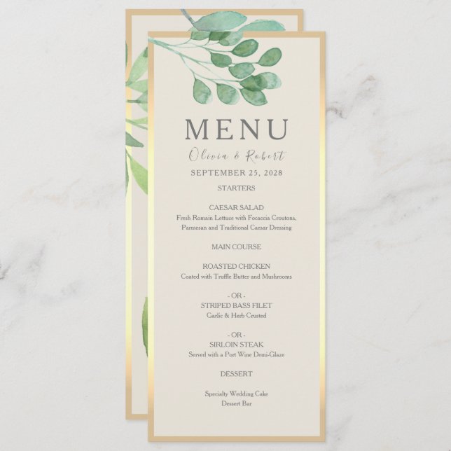 Cartão de Menu de Casamento Dourado Greenery (Frente/Verso)
