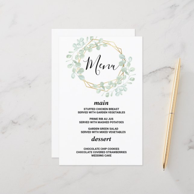 Cartão de menu de casamento elegante com eucalipto (Frente/Verso In Situ)