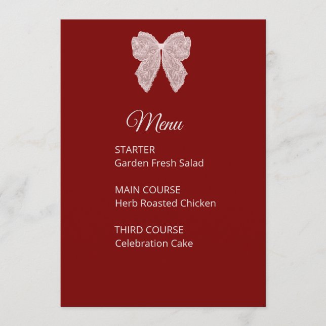 Cartão de Menu de Casamento Elegante com Laço de R (Frente)