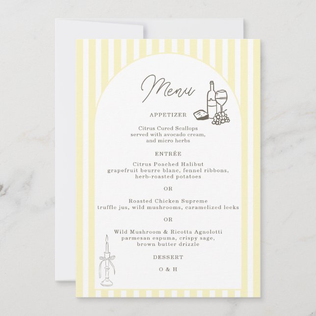Cartão de Menu de Casamento Elegante com Listras A (Frente)