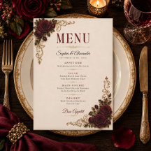 Cartão de Menu de Casamento Elegante com Rosas Gót