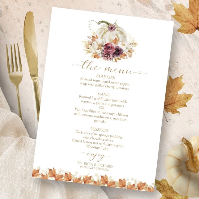 Cartão de Menu de Casamento Elegante de Abóbora Br (Criador carregado)