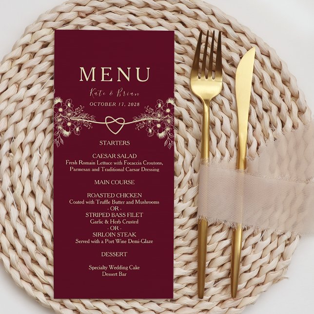 Cartão de Menu de Casamento Elegante em Dourado e  (Criador carregado)