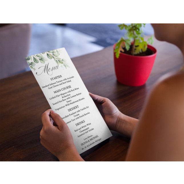Cartão de Menu de Casamento Elegante Eucalipto (Criador carregado)