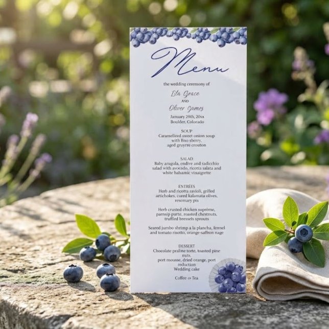 Cartão de Menu de Casamento Elegante Mirtilo (Criador carregado)