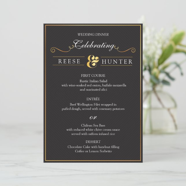 Cartão de Menu de Casamento Elegante Moderno Preto (Em pé/Frente)