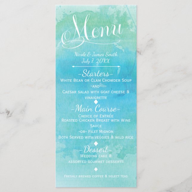 Cartão de Menu de Casamento Elegante Praia Azul Aq (Frente)