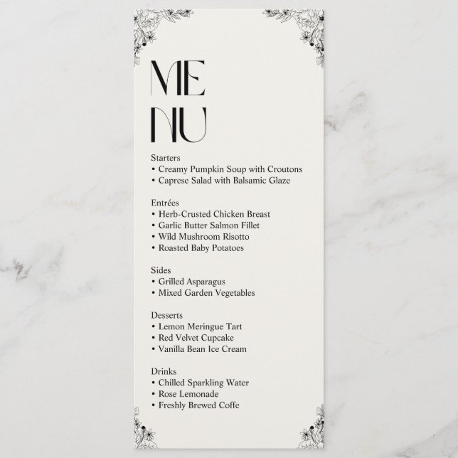 Cartão de Menu de Casamento Elegante - Recepção Mi (Frente)