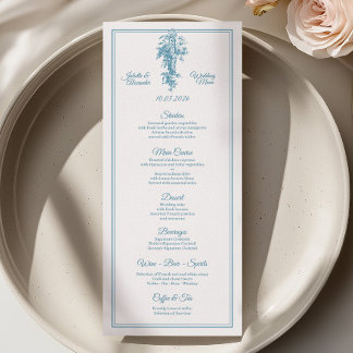 Cartão de Menu de Casamento em Azul Pó Toile de Jo