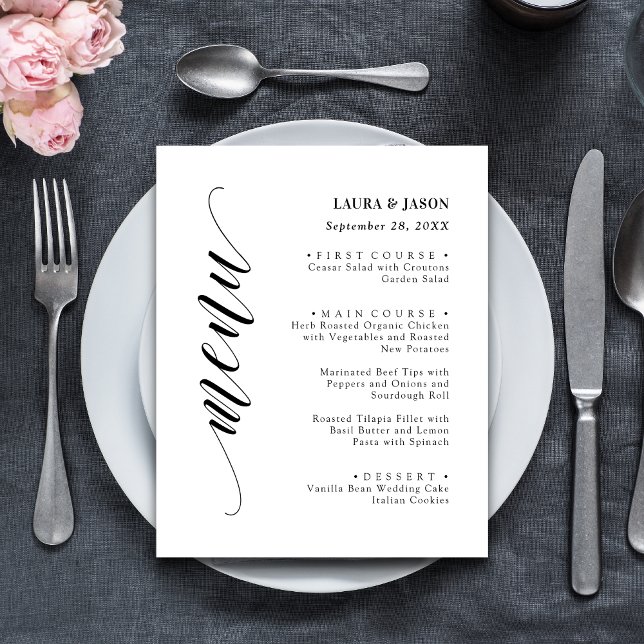 Cartão de Menu de Casamento em Letra de Fantasia C (Classic fancy script wedding menu card adds elegance to each guest’s place setting)