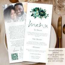 Cartão de Menu de Casamento Emerald Gold Florals L