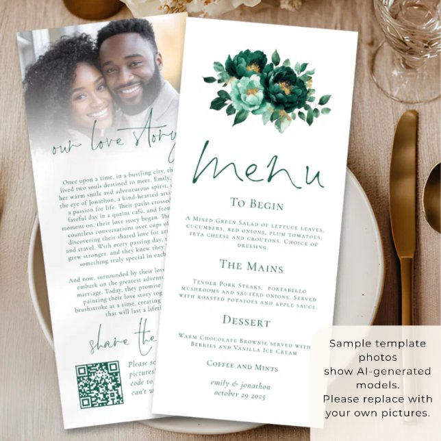 Cartão de Menu de Casamento Emerald Gold Florals L (Criador carregado)
