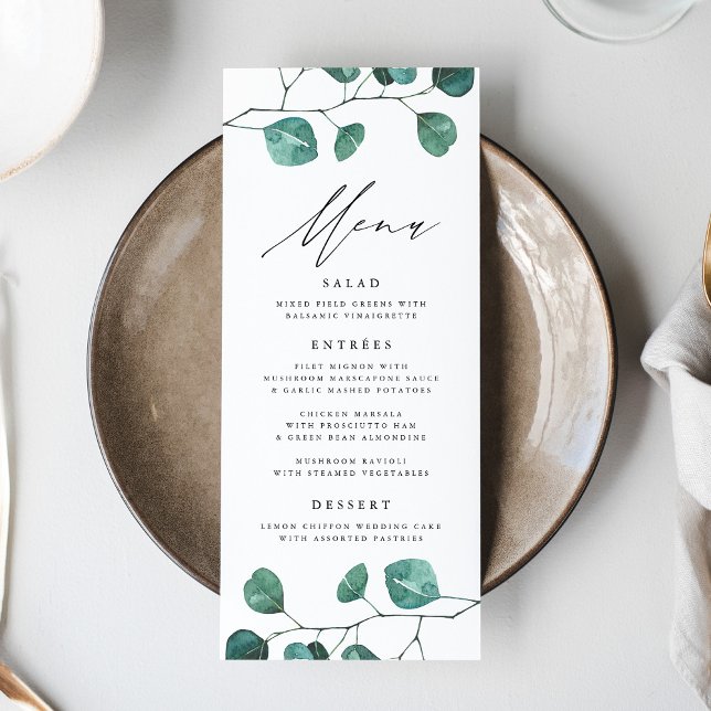 Cartão de Menu de Casamento Eucalyptus Greenery Mo (Criador carregado)