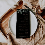 Cartão de Menu de Casamento Eucalyptus Mínimo Form<br><div class="desc">Este cartão de cardápio de eucalipto preto e formal é perfeito para elogiar um casamento rústico. O design apresenta uma folhagem verde de eucalipto com aquarela em fundo preto.</div>