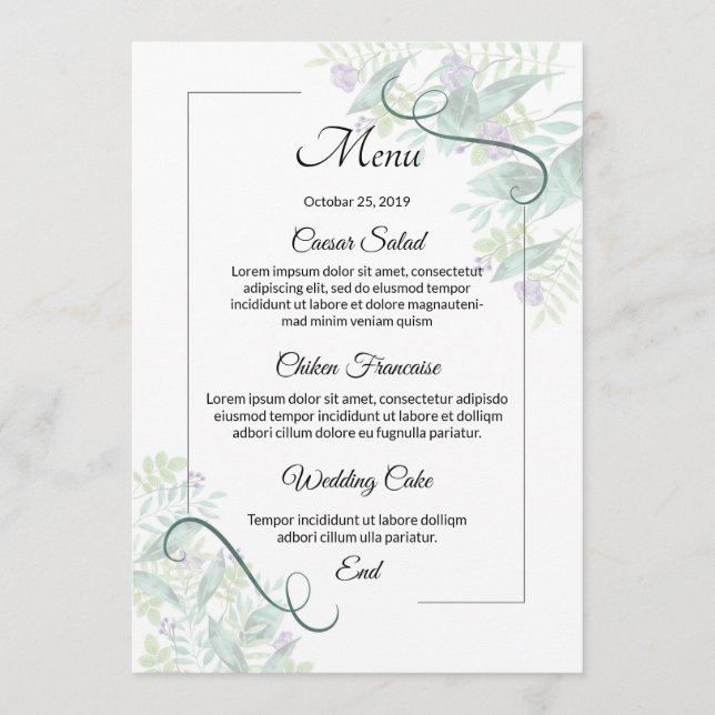 Cartão de Menu de Casamento Floral (Frente)