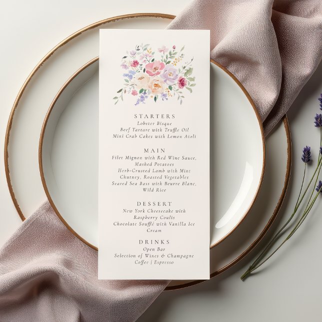 Cartão de Menu de Casamento Floral Aquarela Românt (Criador carregado)