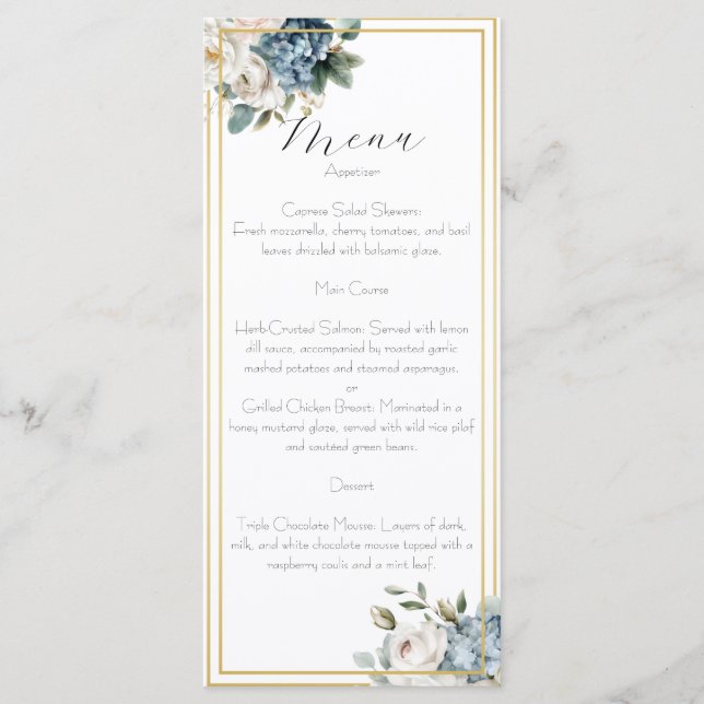 Cartão de Menu de Casamento Floral Azul Empoeirado (Frente)