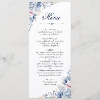 Cartão de Menu de Casamento Floral Azul Empoeirado