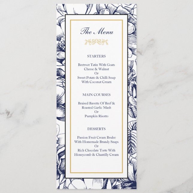 Cartão de Menu de Casamento Floral Azul Meia-Noite (Frente)