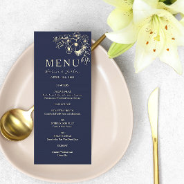 Cartão de Menu de Casamento Floral Azul Naval Eleg
