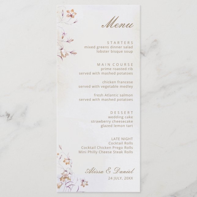 Cartão de Menu de Casamento Floral Boho (Frente)