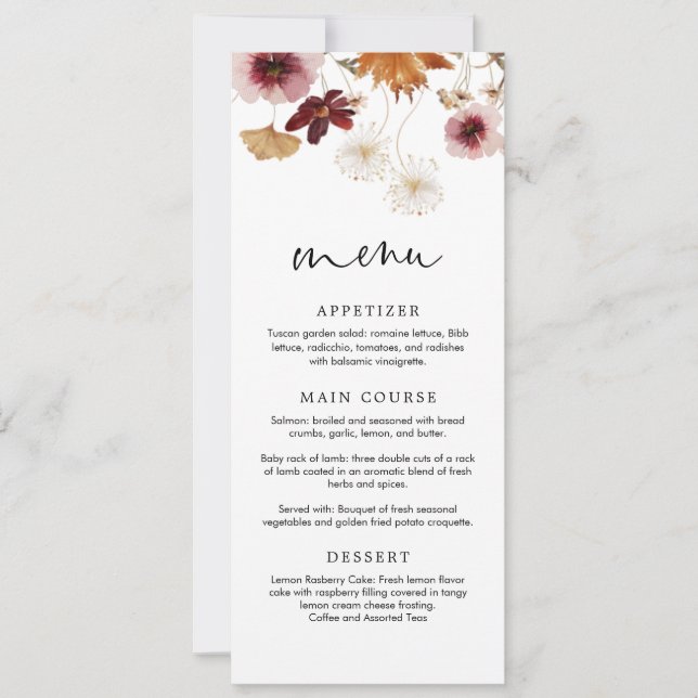 Cartão de Menu de Casamento Floral Boho de Outono  (Frente)