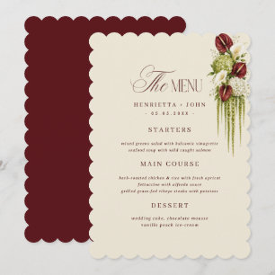 Cartão de Menu de Casamento Floral Borgonha com Bo