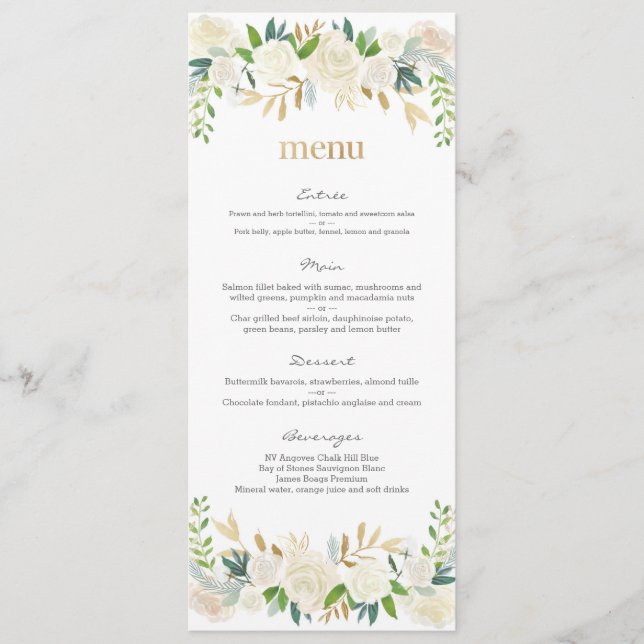 Cartão de Menu de Casamento floral branco e dourad (Frente)
