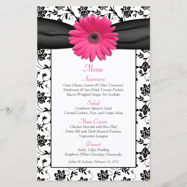 Cartão de Menu de Casamento Floral Branco, preto-r (Frente)