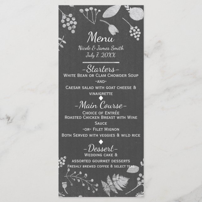Cartão de Menu de Casamento Floral Cinza Carvão e  (Frente)