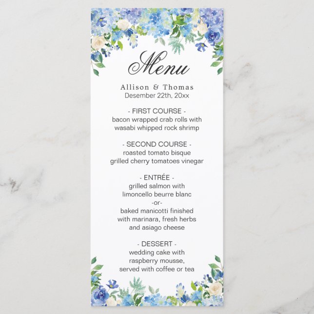 Cartão de Menu de Casamento Floral de Hydrangea Fl (Frente)