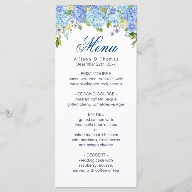 Cartão de Menu de Casamento Floral de Hydrangea Fl (Frente)