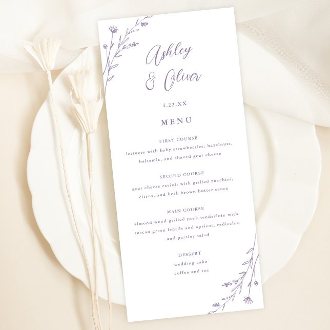 Cartão de Menu de Casamento Floral de Lavanda e Br (Criador carregado)