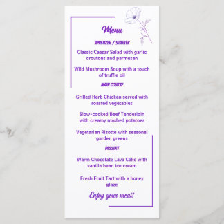 Cartão de Menu de Casamento Floral de Linha Roxa M
