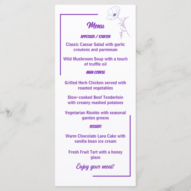 Cartão de Menu de Casamento Floral de Linha Roxa M (Frente)